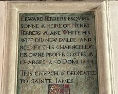 IMG_1115 Plaque in the chancel recording the dedication of the church to St James in 1634. When and why it was changed to St Michael is a mystery