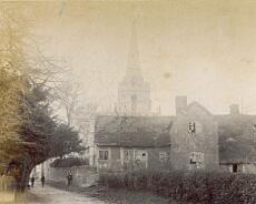 Lapworth almshouses-1 The old 'almshouses' close to Lapworth Church from a photo from around 1890. They were demolished in 1892