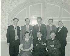 Bellringers-001 Bellringers' Dinner ?1960s. Back row L-R: Glyn Priest, Frank Johnson, Malcolm Jelfs, Russell Kyte, Sid Tarplee. Front row L-R: Helen Dunn, Darwin Kyte, ? Jelfs