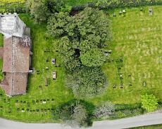 Haseley Pano2 Full view of the Haseley Graveyard annotated with grave numbers