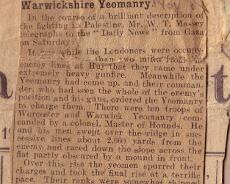Huj charge yeoman1 Newspaper article describing the Cavalry charge by the Warwickshire Yeomen at Huj in Palestine, November 1917. Anthony Gardner Hanson and his brother Wilfred...