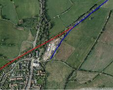 Railway Henleyroute marked Google Earth view of the course of the Rowington to Henley branch line at the Henley Terminus. The route to the original station is marked in blue, the later...